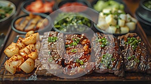 Assorted Korean Barbecue Meats Garnished with Sesame and Green Onions, with Pickled Side Dishes