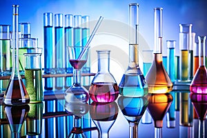 Assorted laboratory glassware equipment ready for an experiment in a science research lab photo