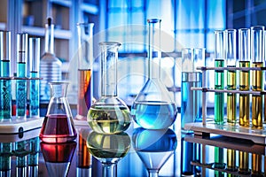 Assorted laboratory glassware equipment ready for an experiment in a science research lab photo
