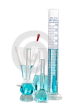 Assorted laboratory glassware equipment ready for an experiment in a science research laboratory