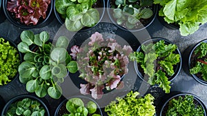 Assorted Leafy Greens in Pots Top View