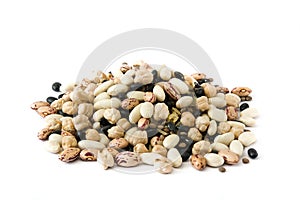 Assorted legumes isolated on white background.