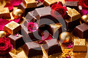 Assorted luxury chocolate with gold foil and rose petals