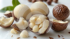 Assorted Macadamia Nuts on White Background. Generative ai