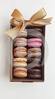 Assorted macarons in a gift box with a ribbon