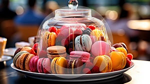 Assorted macarons under a glass dome on sunlit table.Generative ai