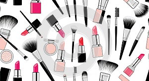 Assorted makeup items scattered on white background