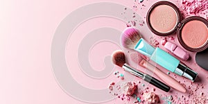Assorted makeup on pink background: brushes, lipstick, and blush