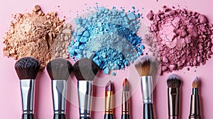 Assorted makeup powders and brushes on a pink background.