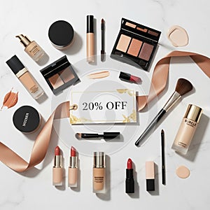 Makeup products arranged on a white marble surface including lipsticks