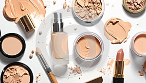 Assorted makeup products on a white background