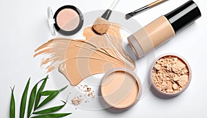 Assorted makeup products on a white background