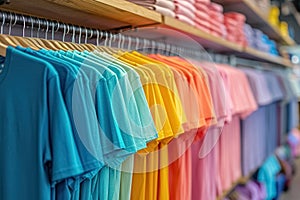 Assorted many-colored textile simple T-shirts in clothing rack in store, selling variety of stylish, fashionable casual clothes