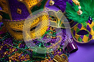 Assorted Mardi Gras or Carnivale mask on a purple