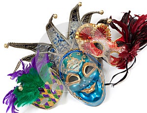 Assorted Mardi gras masks on a white background