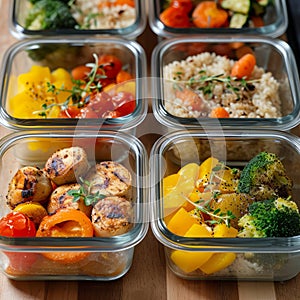 Assorted meal prep containers with grilled chicken, vegetables, and rice. Fresh, colorful, and healthy options for a