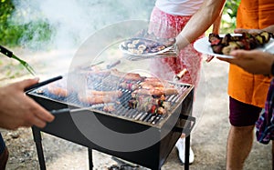 Assorted meat from chicken, pork and various vegetables on barbecue grill