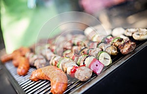 Assorted meat from chicken, pork and various vegetables on barbecue grill