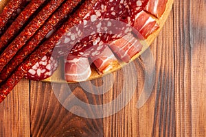 Assorted meat snacks on a wooden cutting board. Sausage, ham, bacon, smoked meats. Stock photo of meat products with blank space
