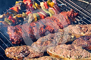 Assorted meat and vegetables on the grill