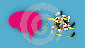 Assorted medical pills and human brain with blue background in conceptual format. Showing the brain consuming too much of medicine