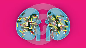 Assorted medical pills inside a human lung with red background in conceptual format. Showing the lungs having over consumption of