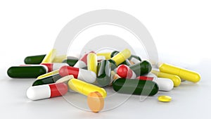 Assorted medical pills scattered on a floor with white background. 3D rendering