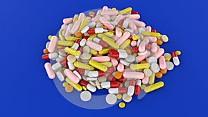 Assorted medication pills scattered on a floor 3D rendering