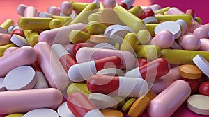 Assorted medication pills scattered on a floor 3D rendering