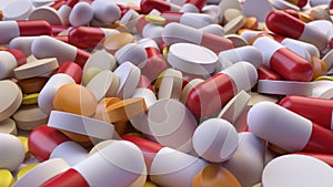 Assorted medication pills scattered on a floor 3D rendering