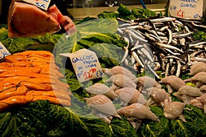 Assorted mediterannean fish and roe with price tags