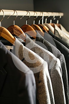 Assorted men\'s jackets on wooden hangers in a fashion store