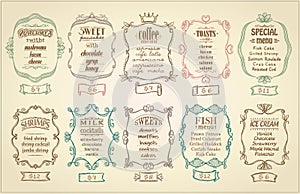 Assorted menu list with antique frames - pancakes, sweet pancakes, coffee menu, toasts