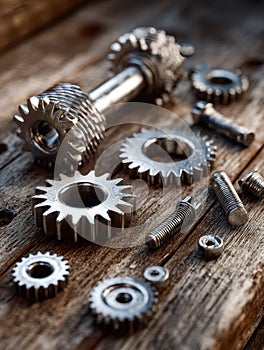 Assorted metal gears and bolts arranged on a rustic wooden surface