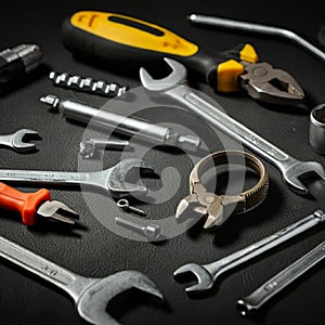 Assorted metal tools on a black surface, including various wrenches, a pair of pliers