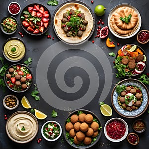 Assorted Middle-Eastern and arabic dishes on a dark rustic background border