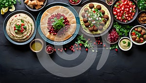 Assorted Middle-Eastern and arabic dishes on a dark rustic background border