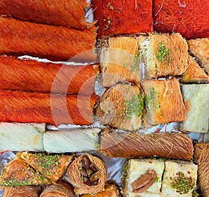 Assorted Middle Eastern Sweets Displayed for Sale at a Market Stall
