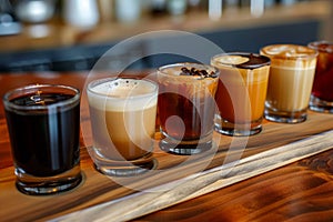 Assorted mini coffee flight sampler on wooden table for tasting