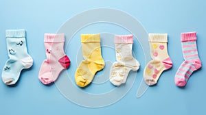 Assorted mismatched baby socks on light blue, playful, Ai Generated photo