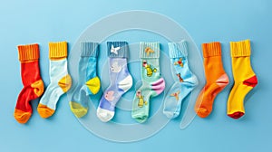 Assorted mismatched baby socks on light blue, playful, Ai Generated photo