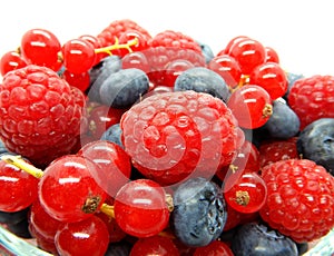 Berries in bowl, assorted mix of fruits, raspberry, red currant, blueberry against a white background