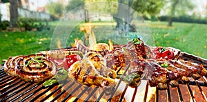 Assorted of mixed meats on a BBQ grill