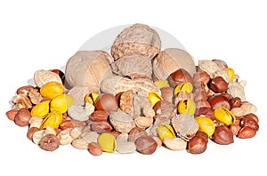 Assorted mixed nuts isolated on white background.