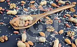 Assorted mixed nuts, peanuts, almonds, walnuts and sesame seeds.