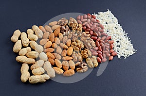 Assorted mixed nuts, peanuts, almonds, walnuts and sesame seeds.