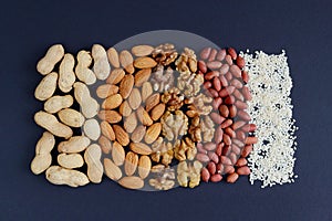 Assorted mixed nuts, peanuts, almonds, walnuts and sesame seeds.