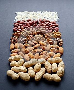 Assorted mixed nuts, peanuts, almonds, walnuts and sesame seeds.