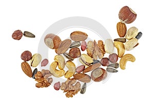 Assorted mixed nuts on white background. Top view