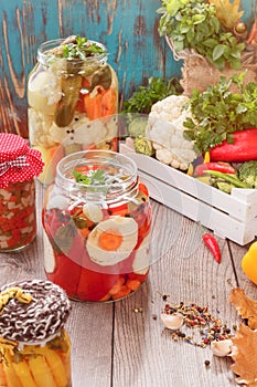 Assorted mixed vegetables in preserving jars